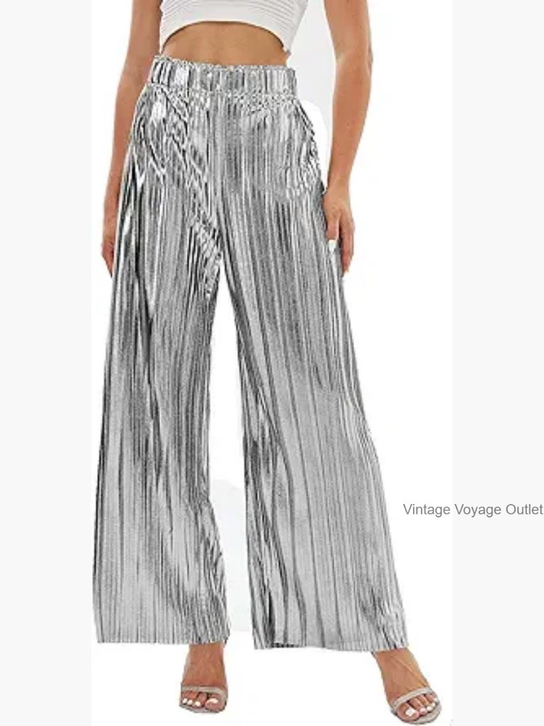 Metallic Sequin Wide Leg Palazzo Pants Elastic High Waist Party Wear